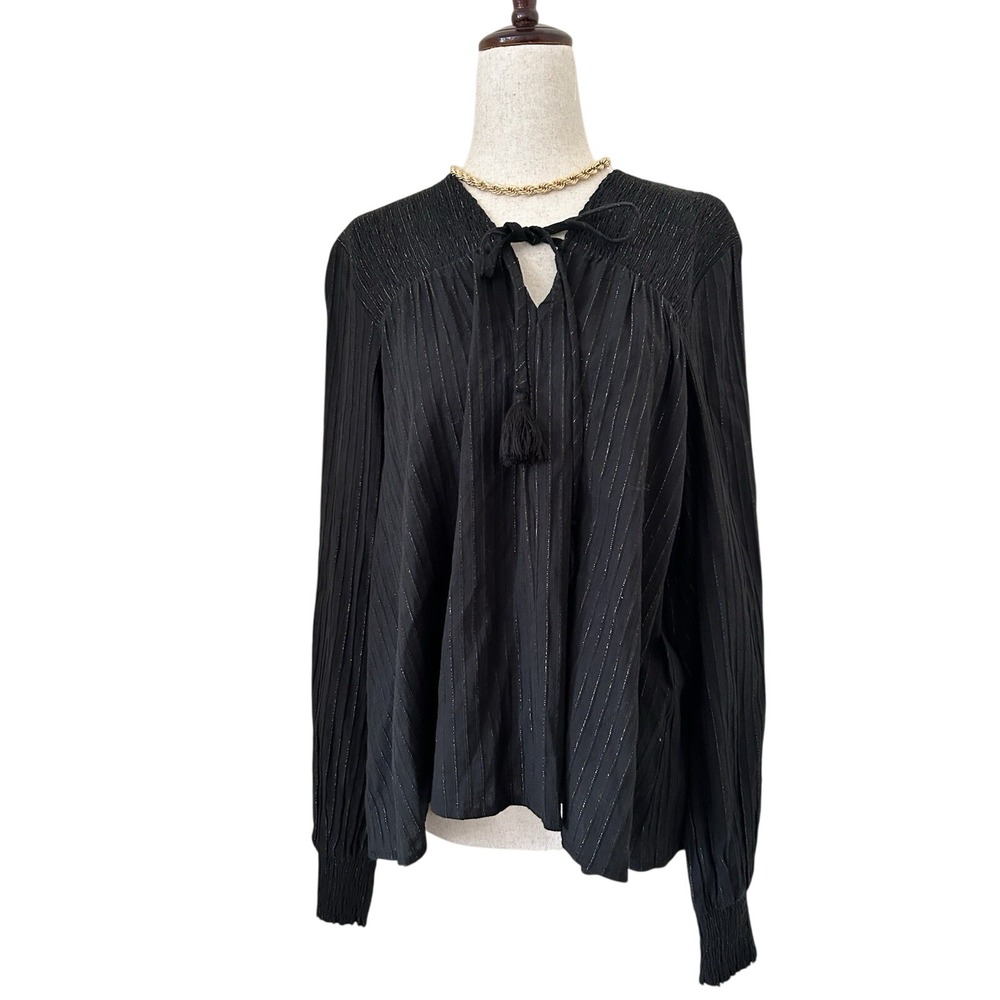 Charlie Holiday Black Metallic Pinstripe Tassel‎ Tie Neck Smocked Top Women S
